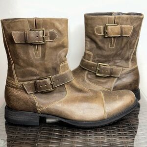 Men's Cole Haan Leather York Biker Boots Double Buckle Straps Brown Size 10.5